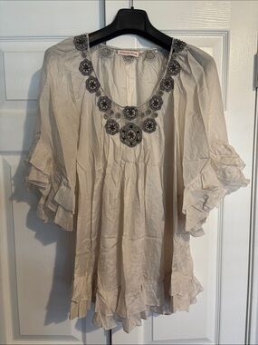 Rebecca Taylor Cream Embroidered Ruffle-Sleeve Tunic